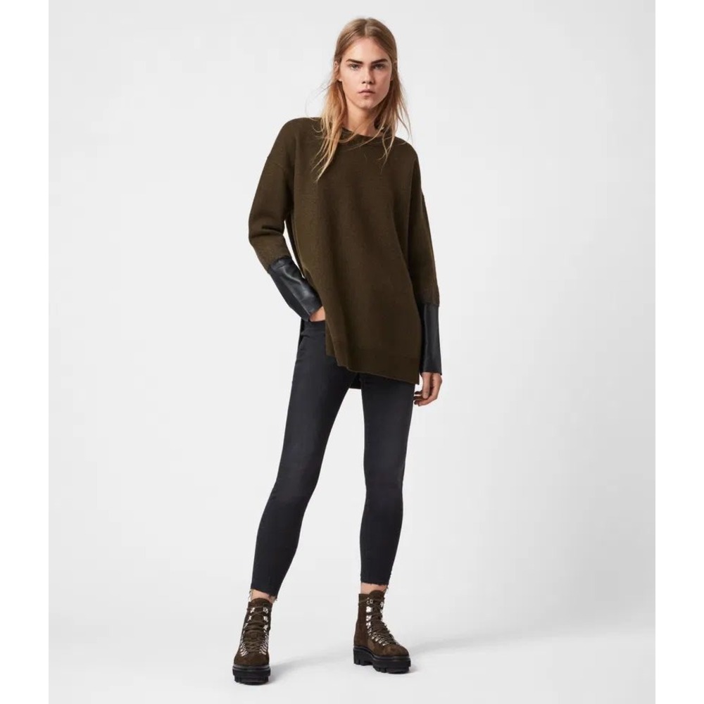 AllSaints Essy Merino Wool Leather Cuff Tunic Sweater Green XS